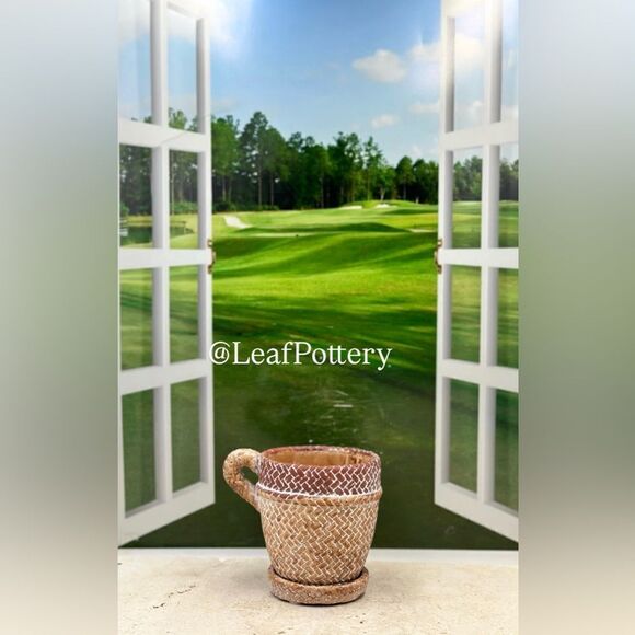 Brown Rattan Mug Stone Planter Pot with Saucer Included - Picture 6 of 10
